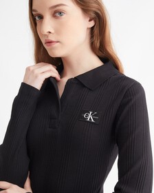 RIB-KNIT LONG SLEEVE POLO DRESS, Ck Black, hi-res