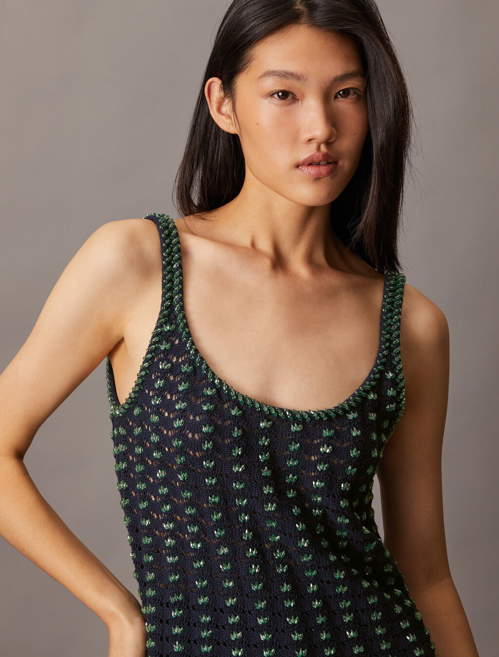 Crochet Beaded Tank Top, Dark Sapphire, hi-res