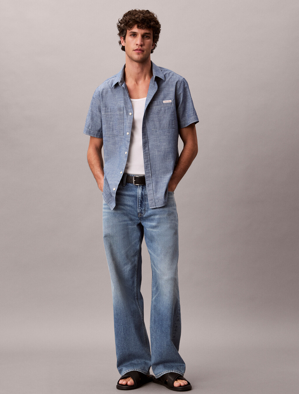 Cotton Chambray Short Sleeve Shirt, Blue Descent, hi-res