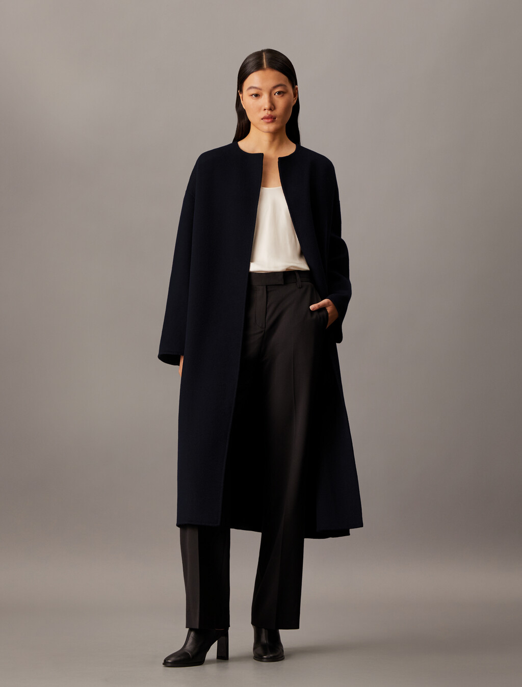 Cashmere Wool Blend Collarless Wrap Coat, Black Beauty, hi-res