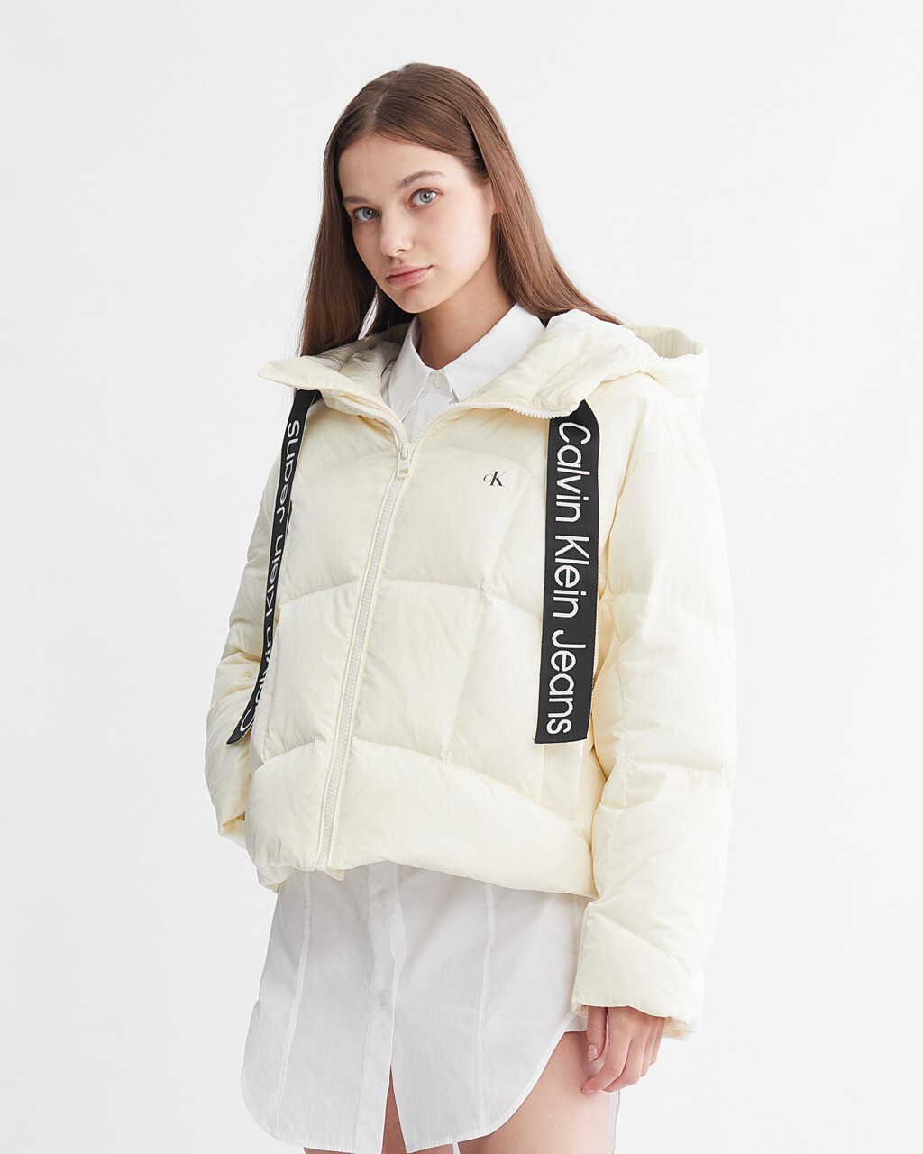 Logo Drawstring Short Puffer Jacket, Ivory, hi-res