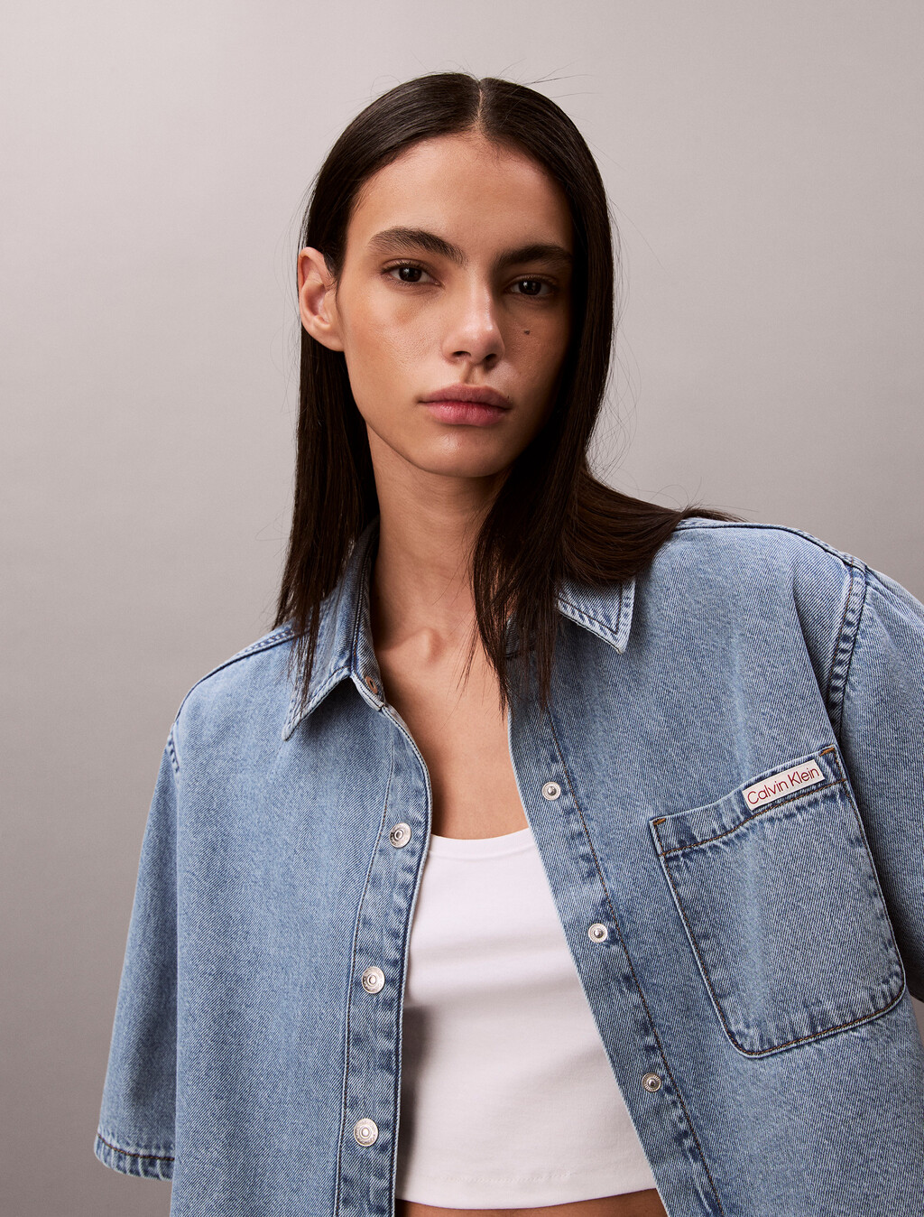 Boxy Cropped Denim Shirt, VINTAGE MOSS, hi-res