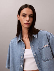 Boxy Cropped Denim Shirt, VINTAGE MOSS, hi-res