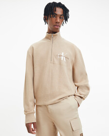 Waffle Cotton Zip Neck Sweatshirt, TRAVERTINE HEAT, hi-res