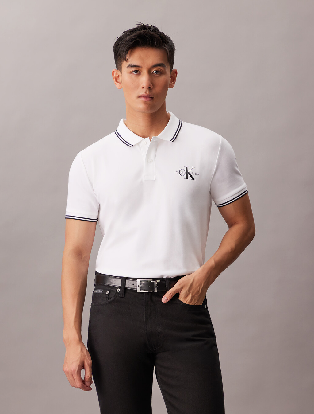 Monogram Slim Tipped Polo, Bright White, hi-res