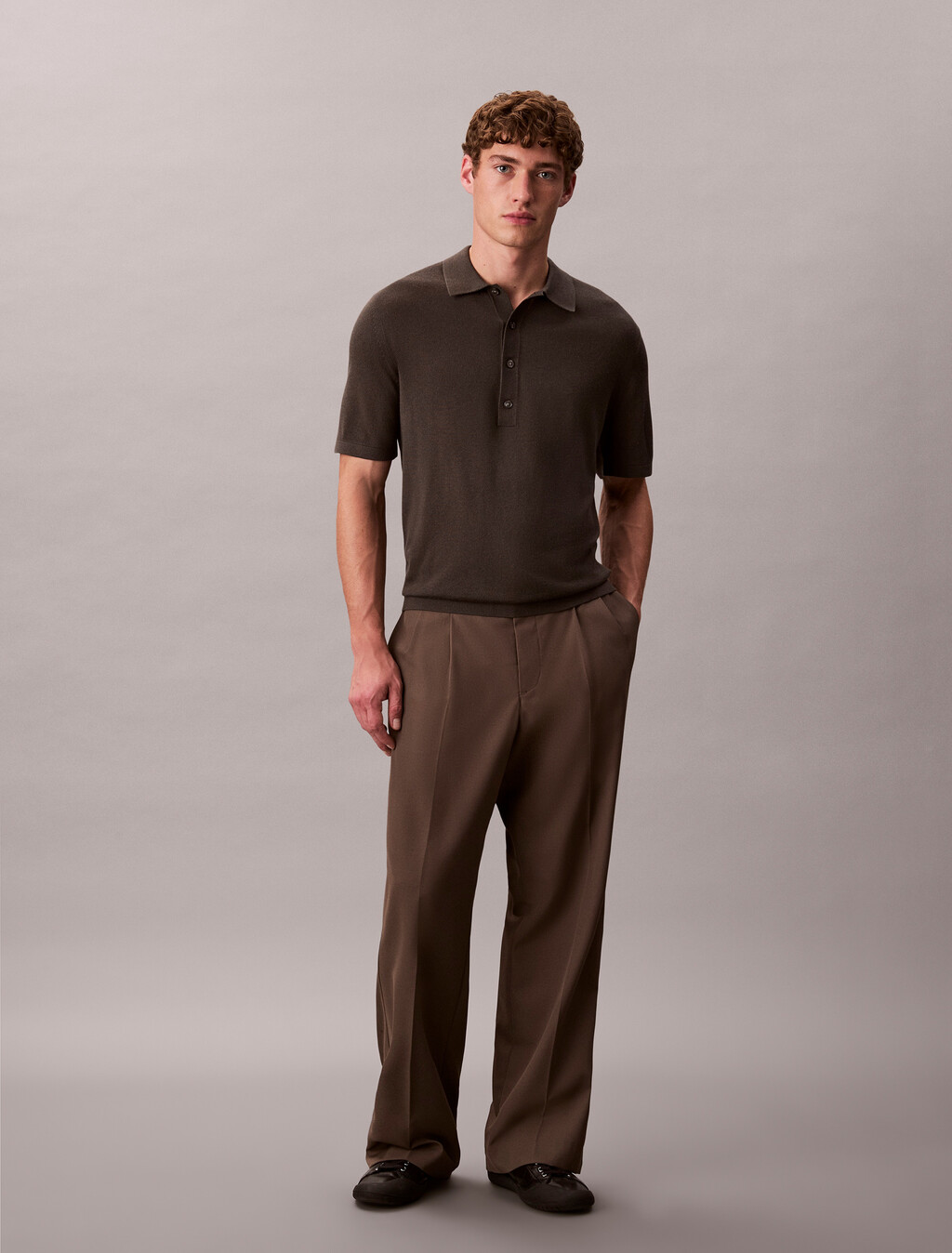 Silk Cashmere Polo Sweater, Beluga, hi-res