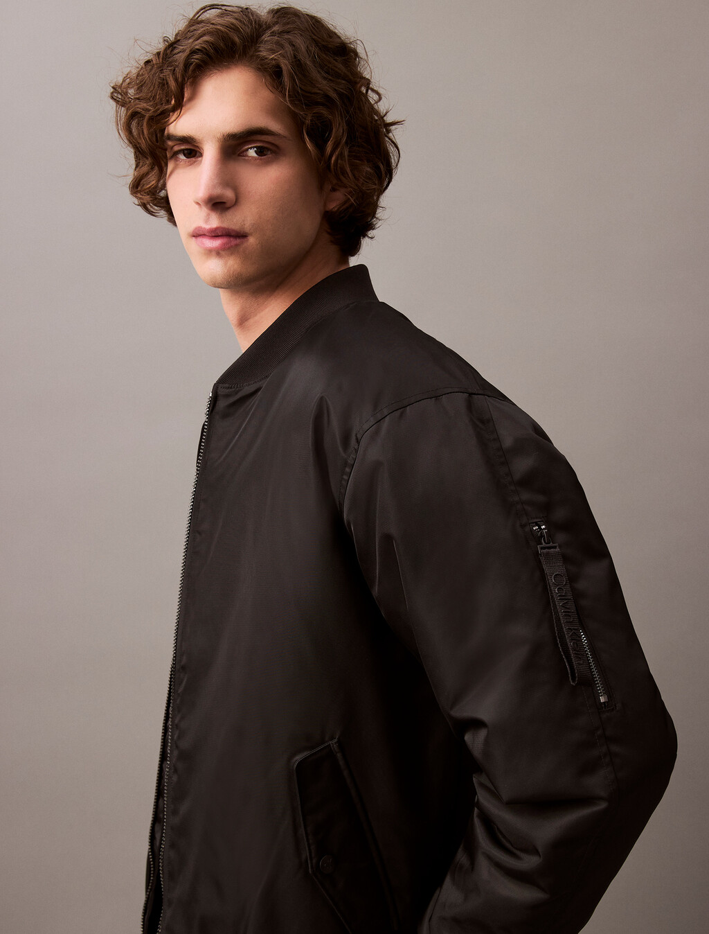 Padded Nylon Bomber Jacket, Black, hi-res