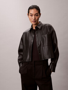 Faux Leather Cropped Shirt, Black, hi-res
