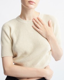 Feminine Chenille Short Sleeve Sweater, EGGSHELL, hi-res