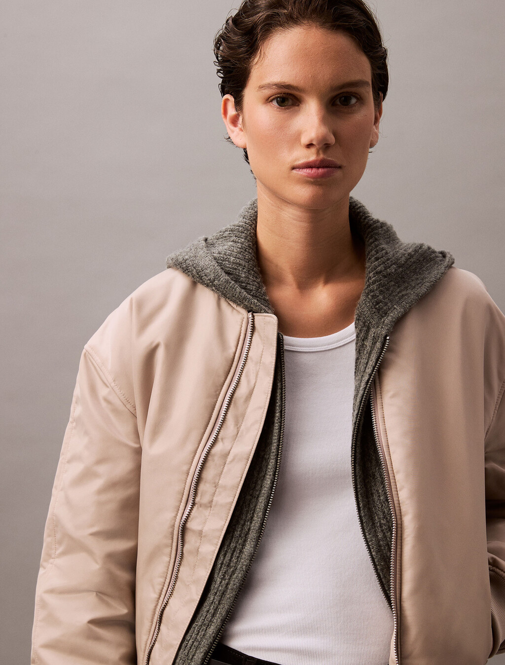 Padded Nylon Bomber Jacket, Goat, hi-res