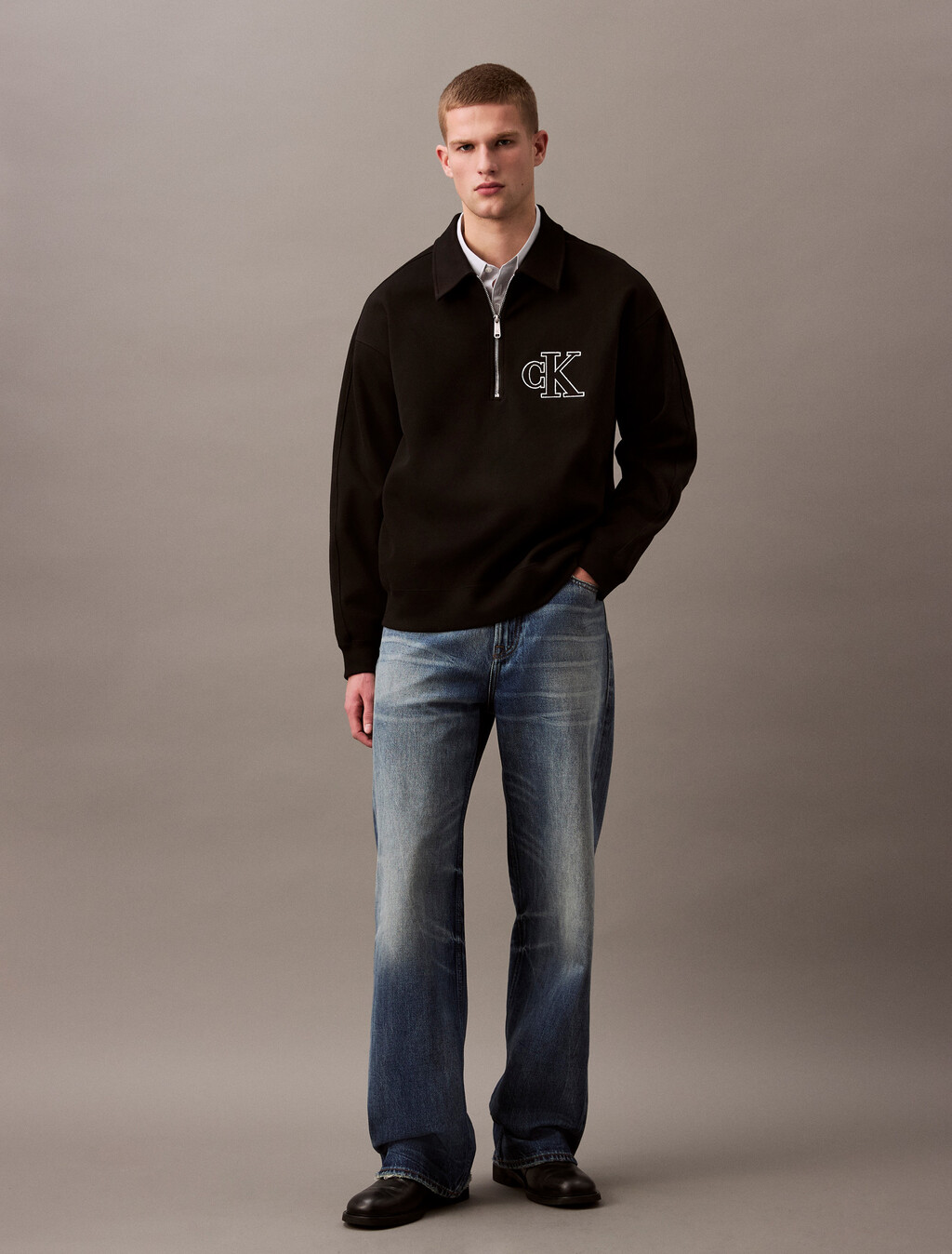 Rib Knit Logo Applique Zip Polo, Black, hi-res