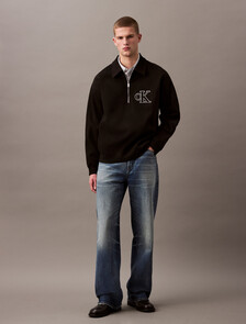 Rib Knit Logo Applique Zip Polo, Black, hi-res