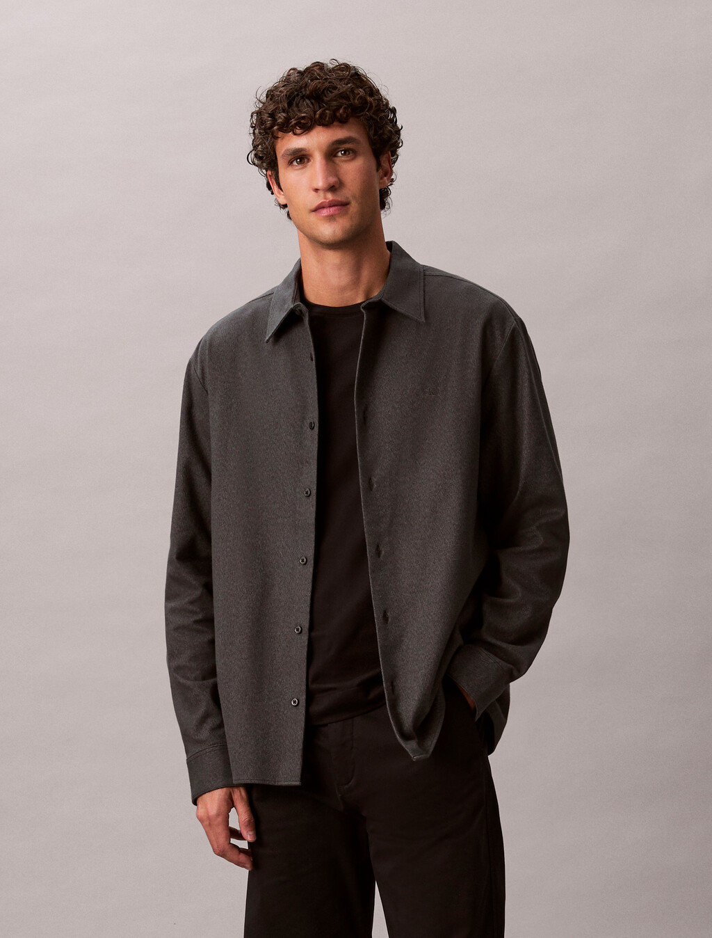 Melange Flannel Relaxed Button-Down Shirt, Black, hi-res
