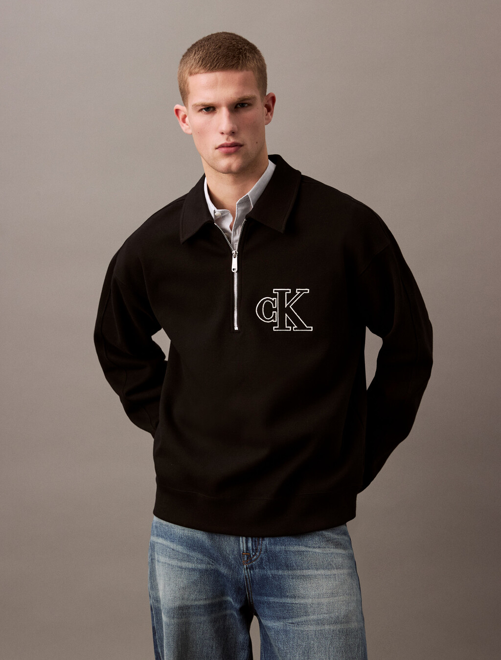 Rib Knit Logo Applique Zip Polo, Black, hi-res