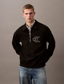 Rib Knit Logo Applique Zip Polo, Black, hi-res