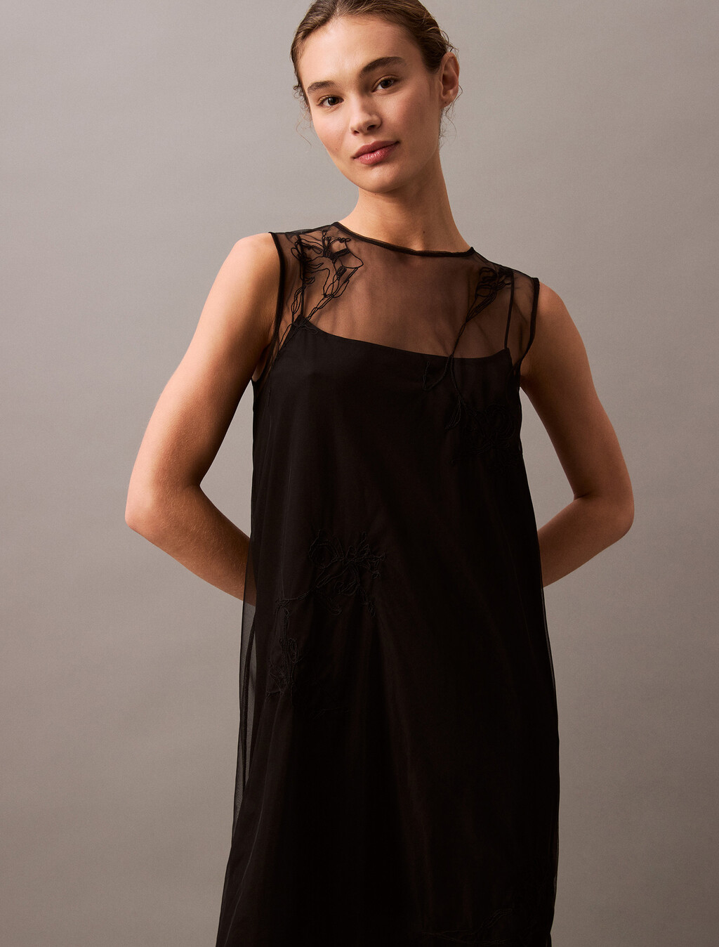 Embroidered Mini Dress, Black, hi-res
