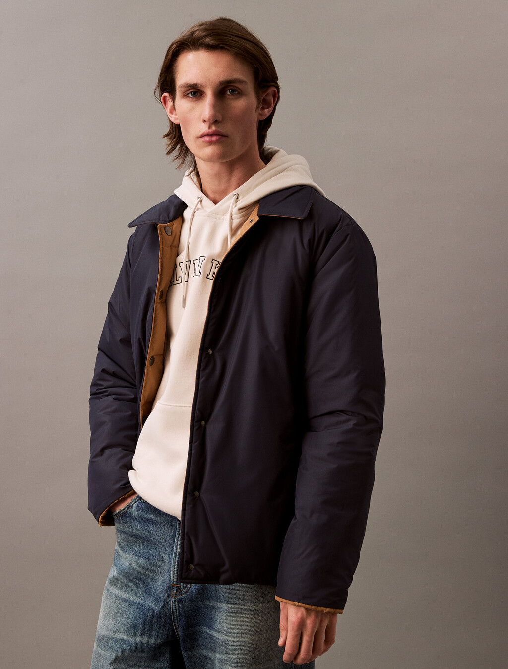 Reversible Puffer Shirt Jacket, Dark Sapphire / Tobacco Brown, hi-res