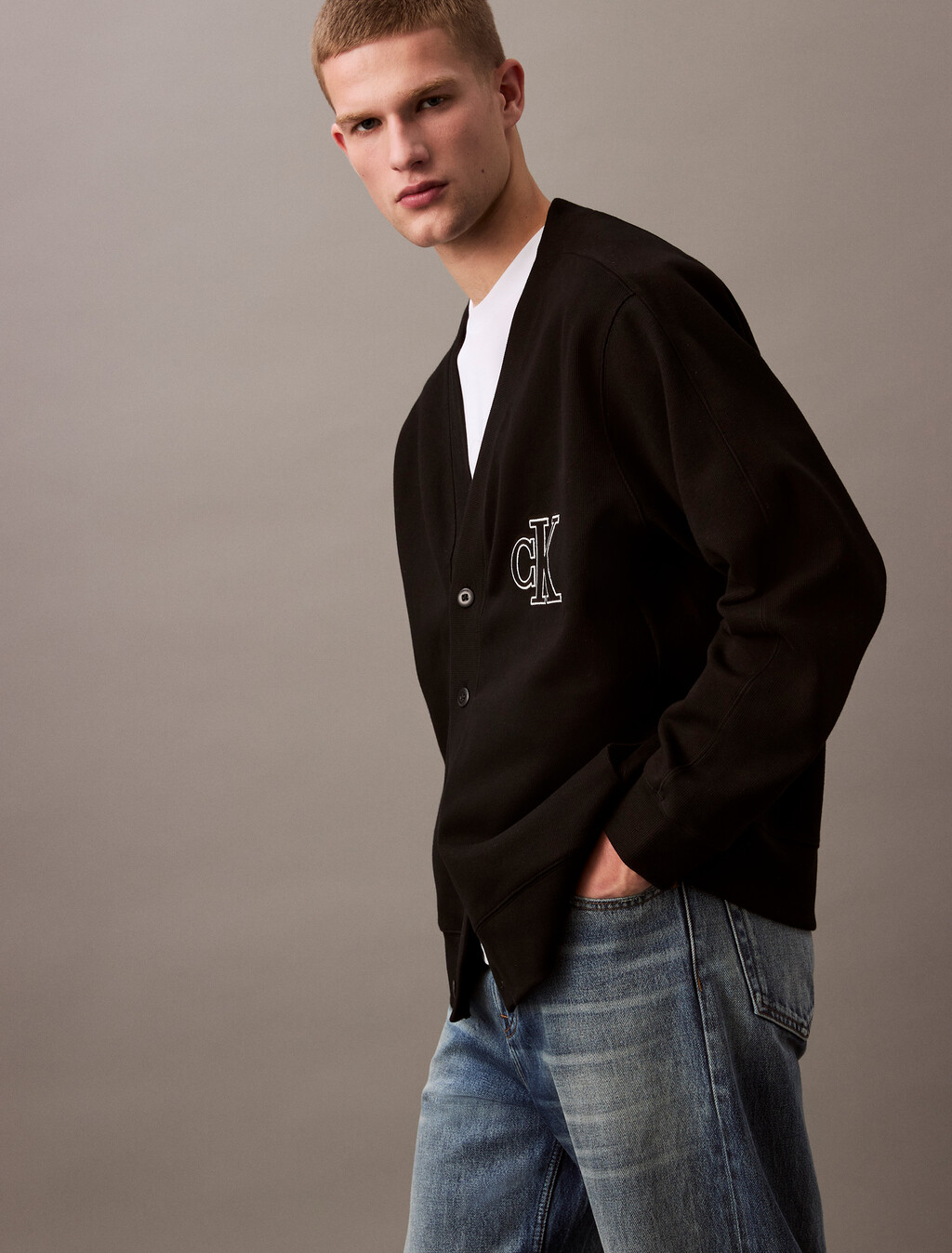 Double Knit Logo Applique Cardigan, Black, hi-res