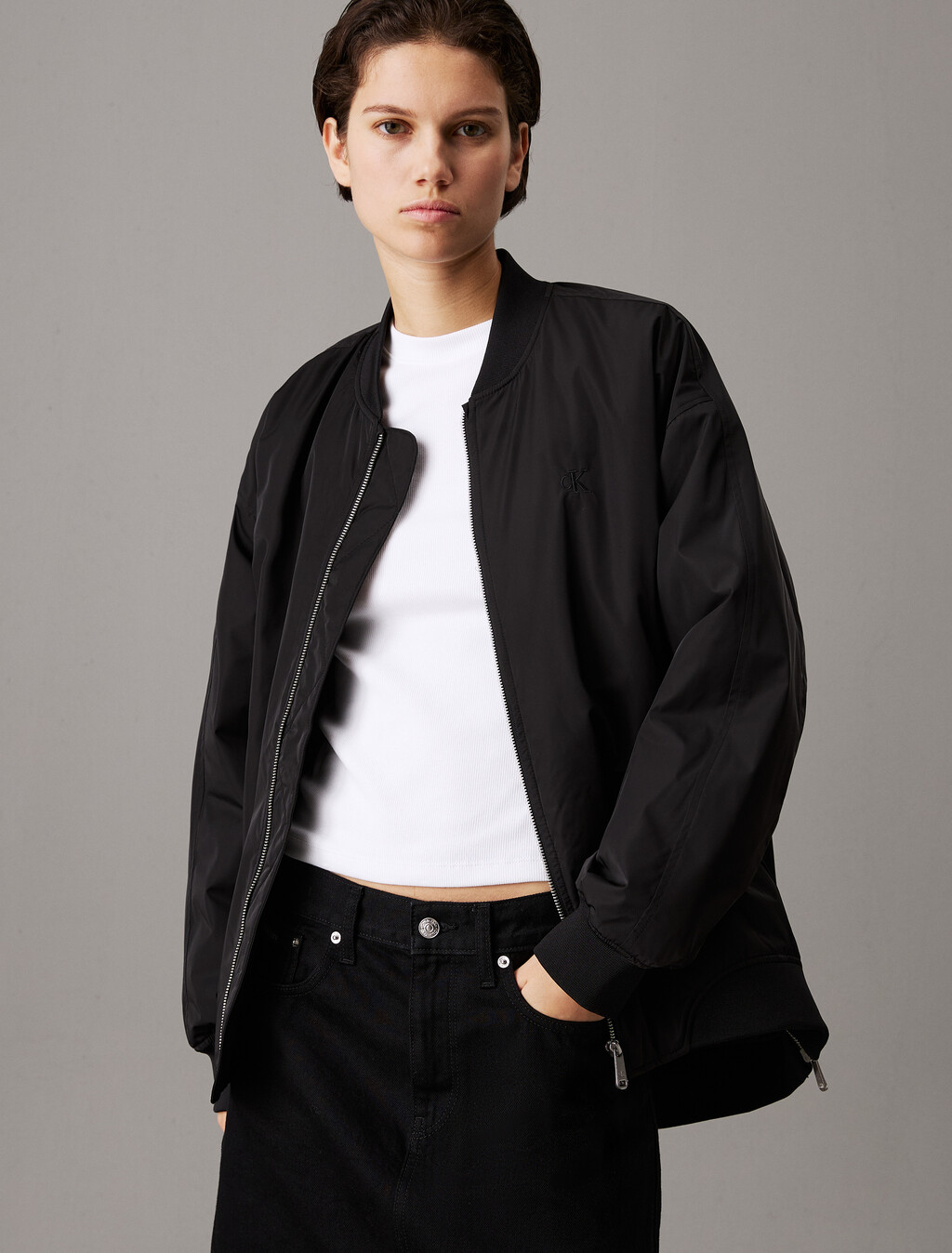 Long Padded Bomber Jacket, Ck Black, hi-res