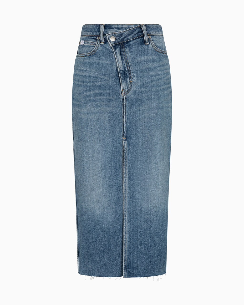 RECONSIDERED FRONT SPLIT MAXI DENIM SKIRT, Med Blue F Split Cross Wb Rwh, hi-res