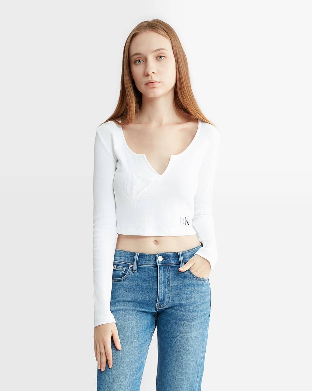 Slim Ribbed Long Sleeve Top, Bright White, hi-res