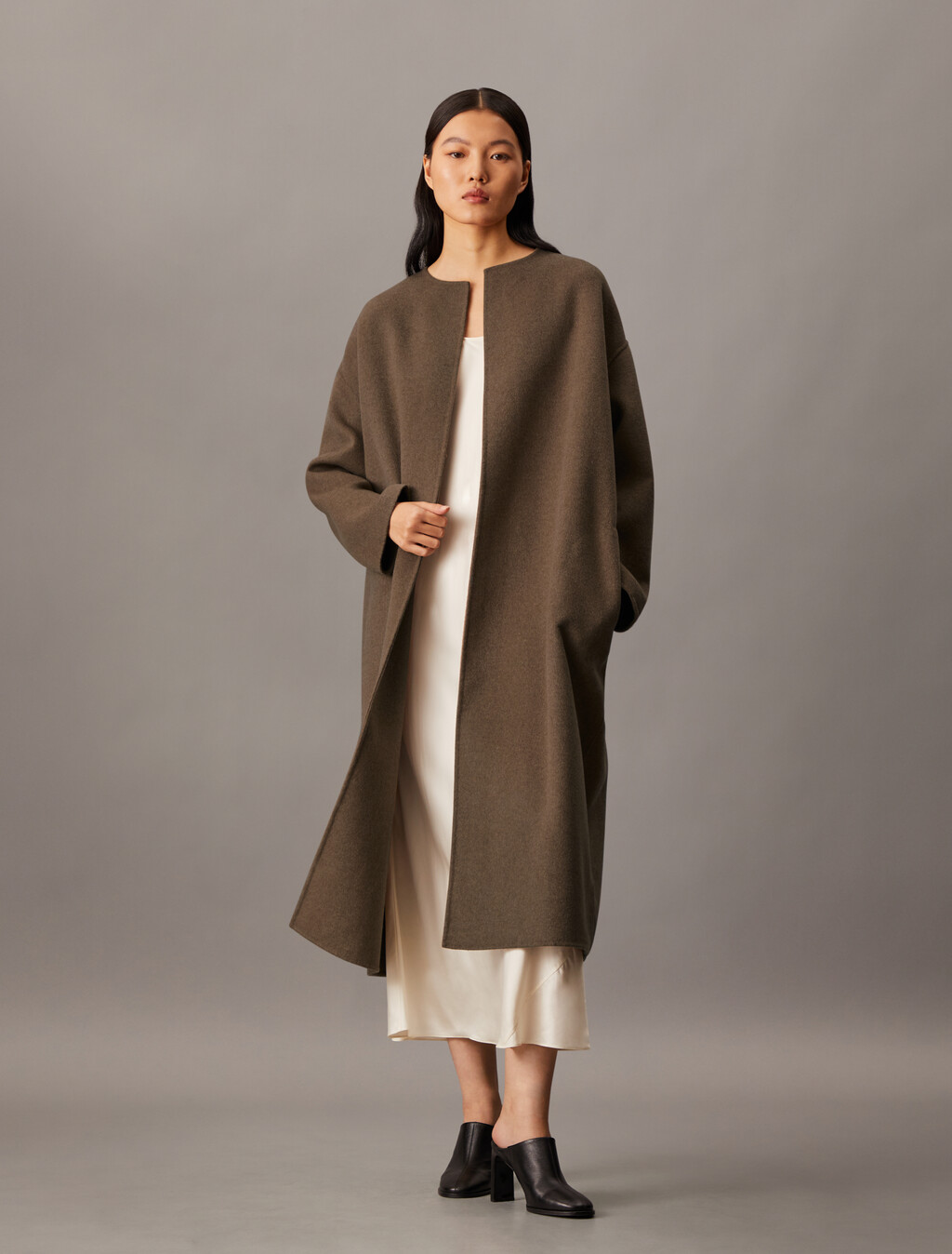 Cashmere Wool Blend Collarless Wrap Coat, Spiced Plum Melange, hi-res