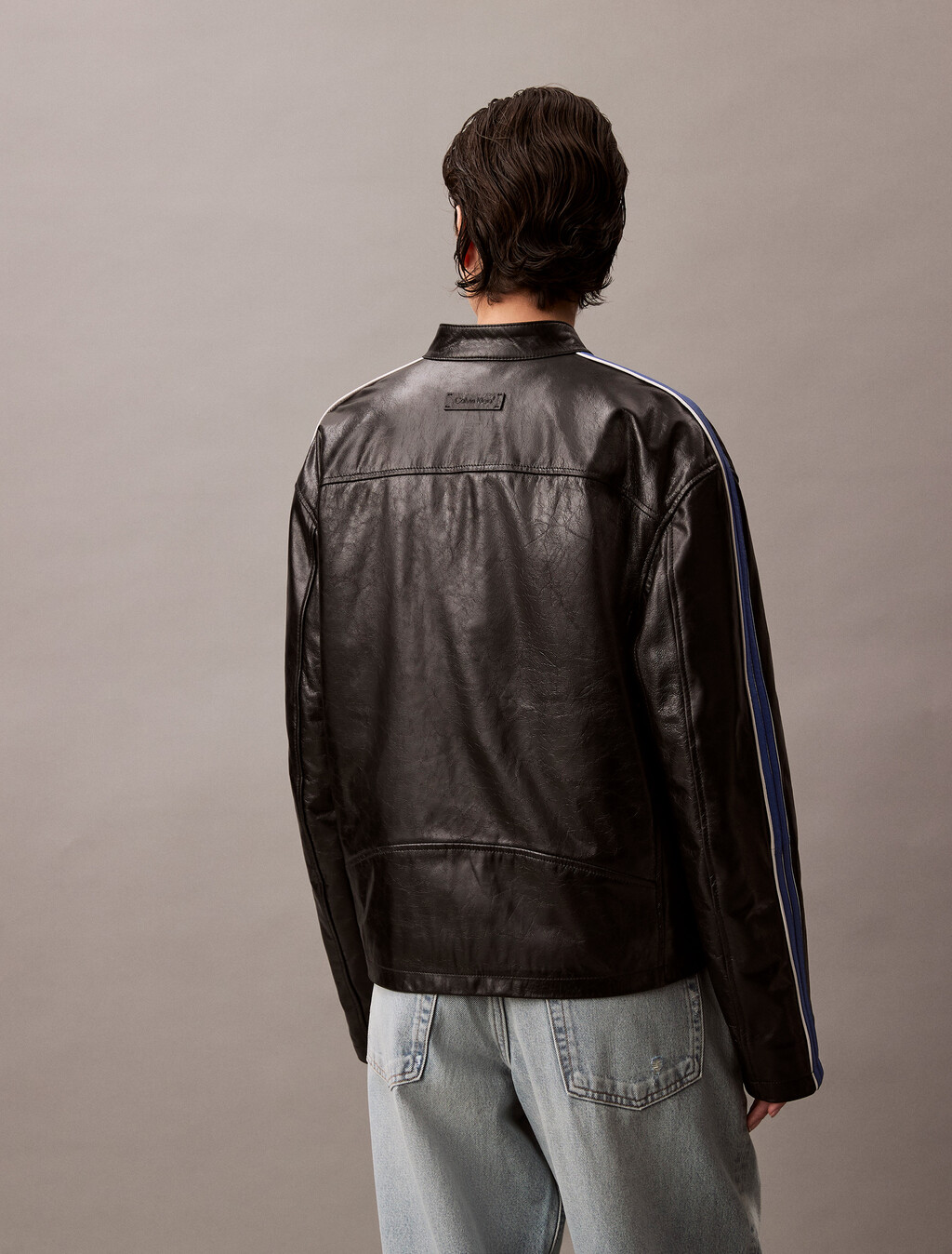 Relaxed Leather Zip Jacket, Black / Déja Vu Blue / White, hi-res