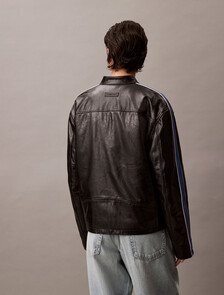 Relaxed Leather Zip Jacket, Black / Déja Vu Blue / White, hi-res