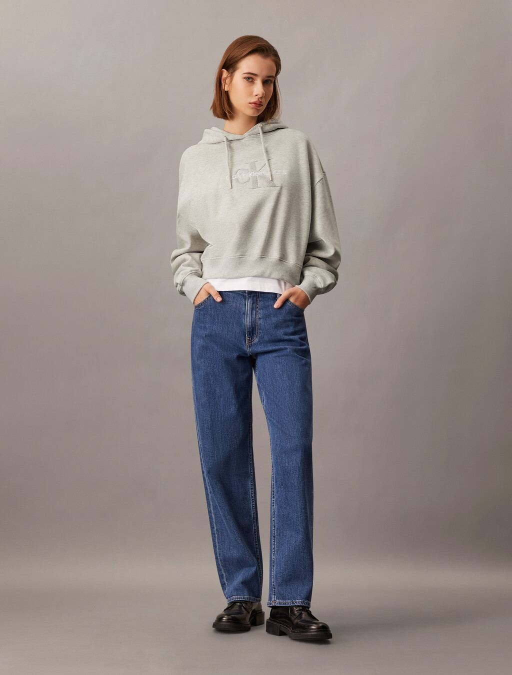 Cropped Chenille Monogram Hoodie, Ivory Grey Heather, hi-res