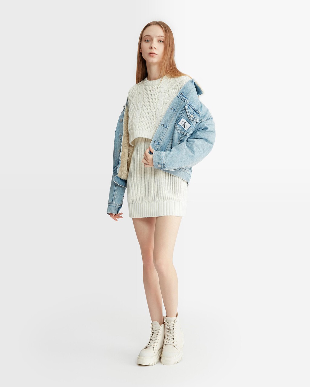 Varsity Cable Sweater Dress, Ivory, hi-res