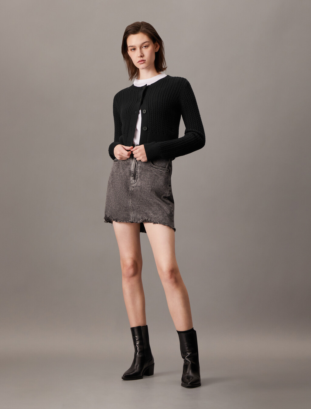 Cropped Cable Knit Cardigan, Ck Black, hi-res