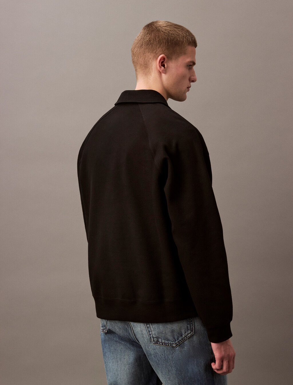 Rib Knit Logo Applique Zip Polo, Black, hi-res