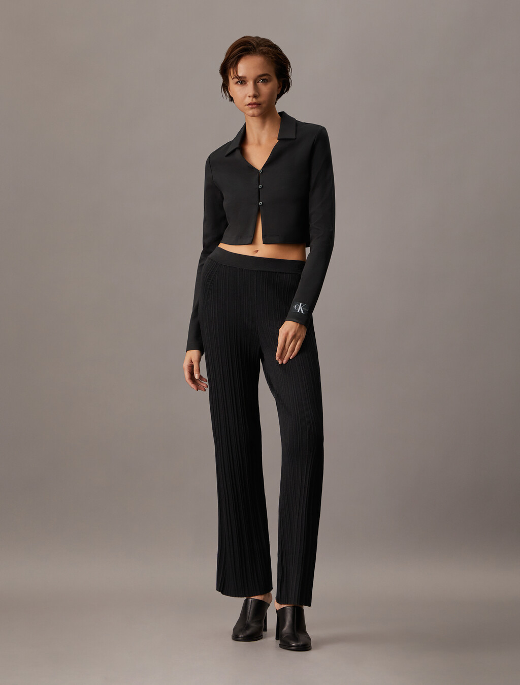 High Rise Slim Rib Knit Pants, Ck Black, hi-res