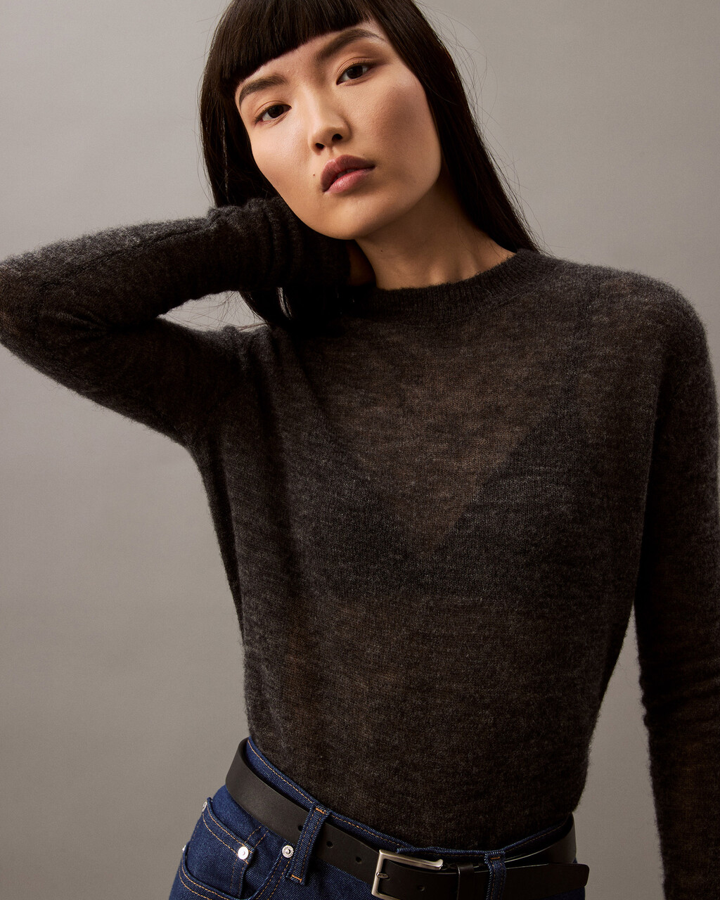 Sheer Alpaca Fine Gauge Crewneck Sweater grey Calvin Klein Singapore
