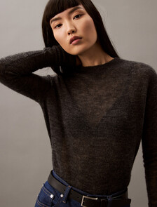 Sheer Alpaca Fine Gauge Crewneck Sweater, Gun Metal Heather, hi-res
