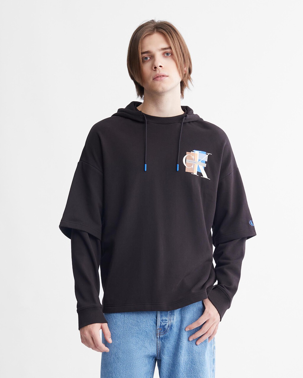 Layered Organic Cotton Hoodie, Ck Black, hi-res