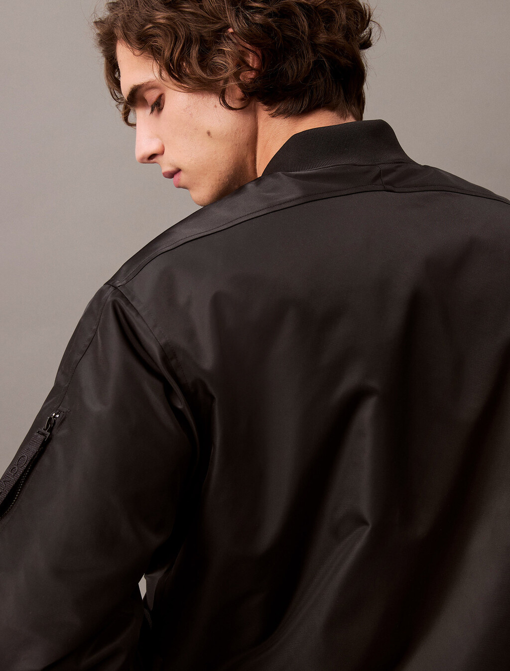 Padded Nylon Bomber Jacket, Black, hi-res