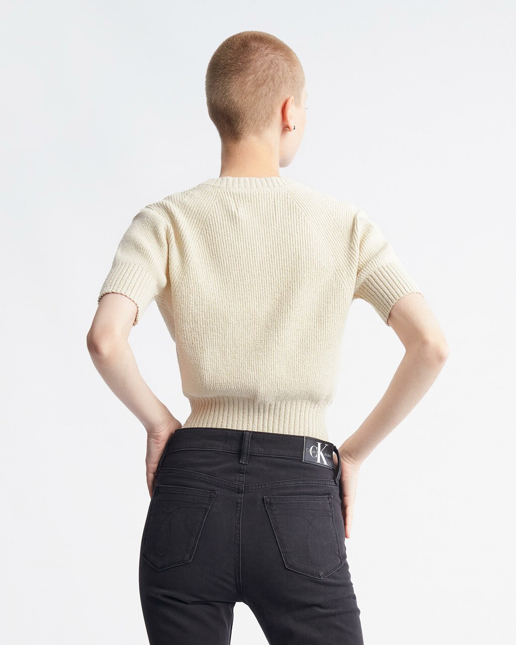 Feminine Chenille Short Sleeve Sweater, EGGSHELL, hi-res