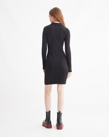 RIB-KNIT LONG SLEEVE POLO DRESS, Ck Black, hi-res