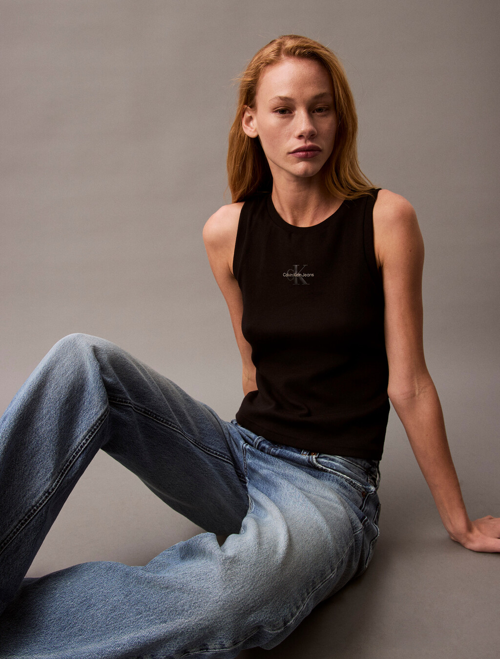Monogram Rib Knit Tank Top, Black, hi-res