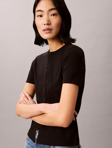 Ribbed Short Sleeve Cardigan, Black, hi-res