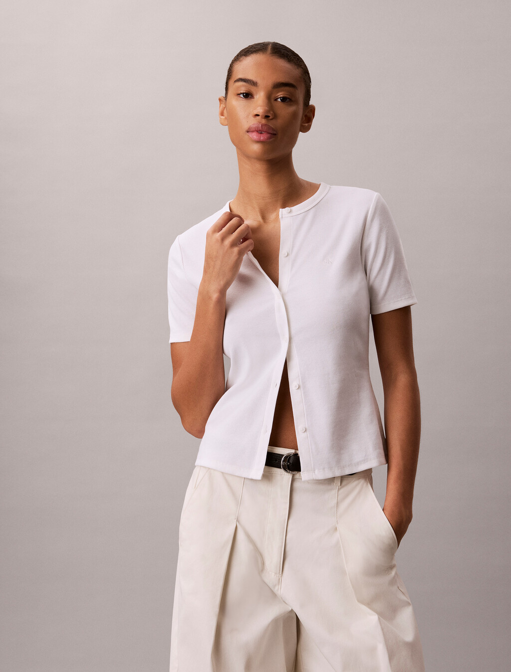 Ribbed Short Sleeve Cardigan, Bright White, hi-res