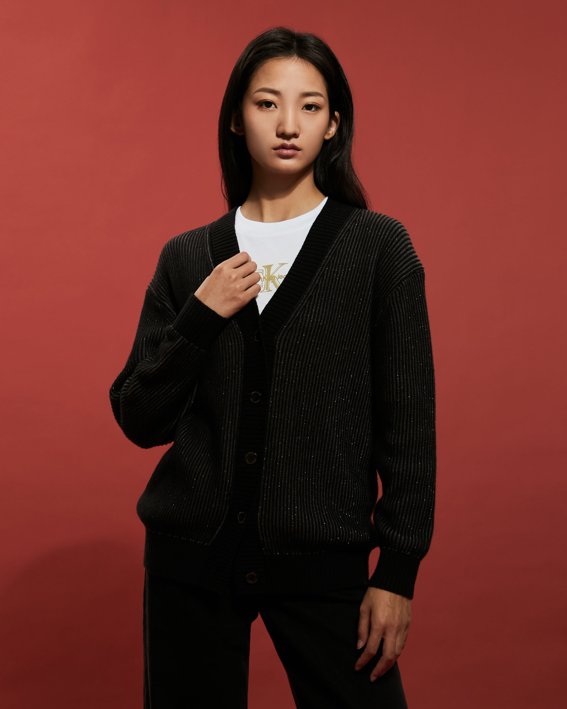 Red and cheap black cardigan