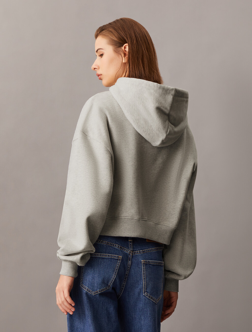 Cropped Chenille Monogram Hoodie, Ivory Grey Heather, hi-res