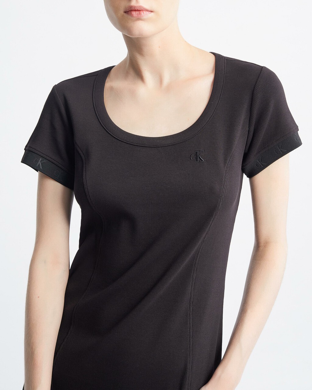 Logo Tape Rib Knit Body Stretch T-Shirt Dress, Ck Black, hi-res