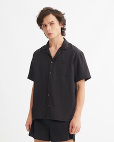 TENCEL LOUNGE BUTTON DOWN SHIRT, BLACK, hi-res
