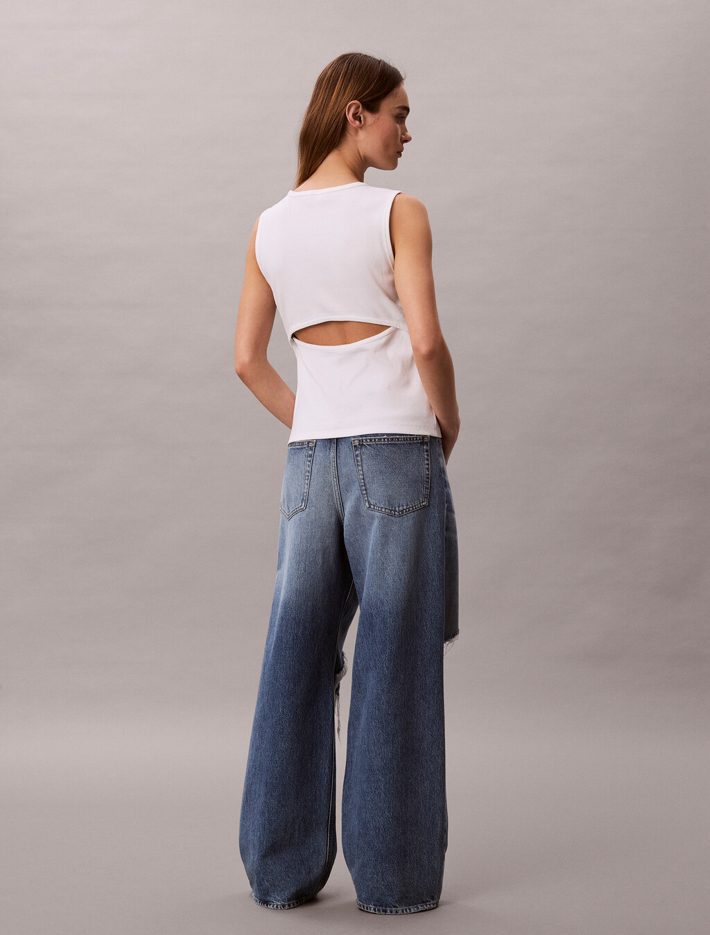 Monogram Label Cutout Tank Top, Bright White, hi-res