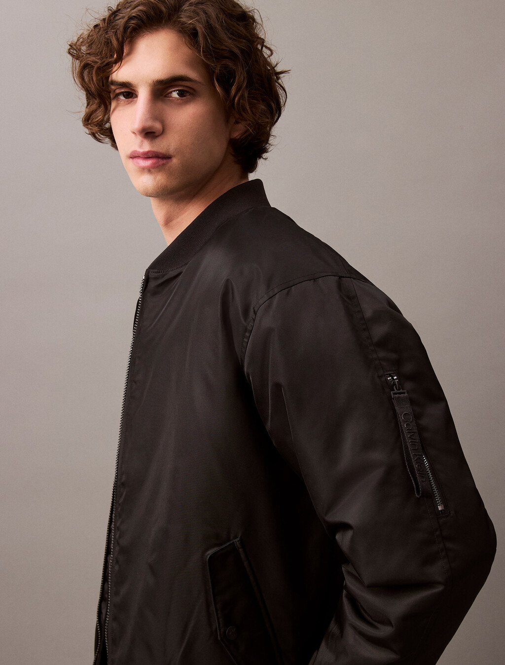 Padded Nylon Bomber Jacket, Black, hi-res