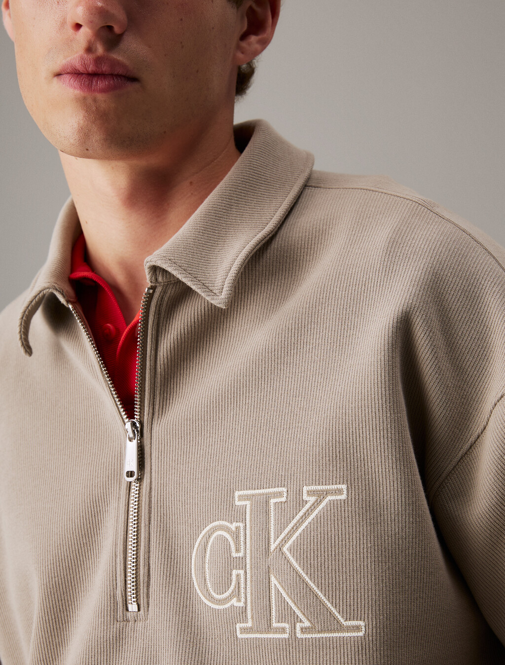 Rib Knit Logo Applique Zip Polo, Vintage Khaki, hi-res