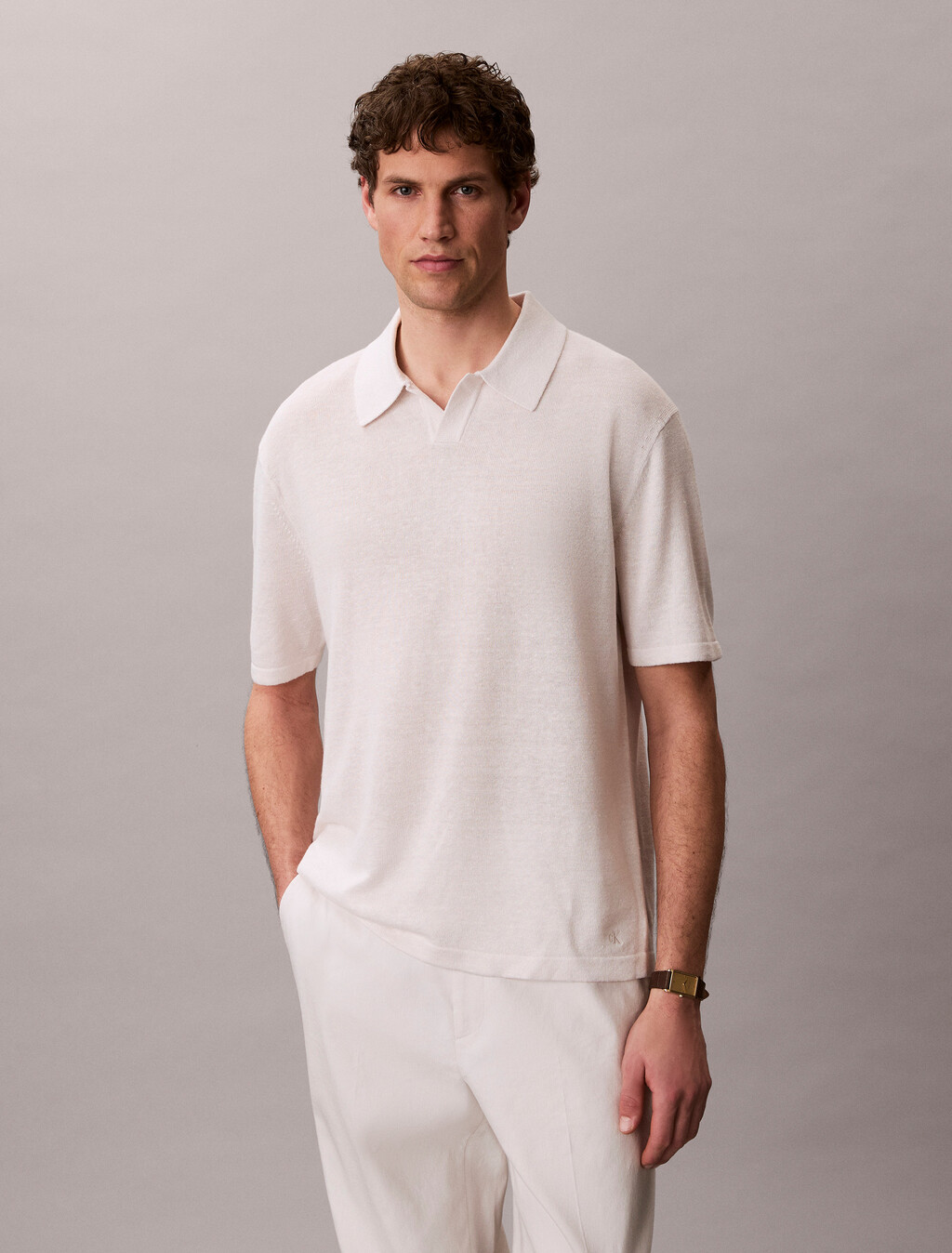 Linen Blend Open Collar Polo Shirt, White Sand, hi-res